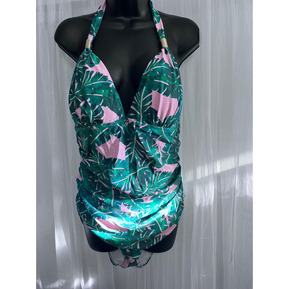 Tropical Pink Green Leaf Print Halter One Piece Swimsuit Ruched Plus Size XXL